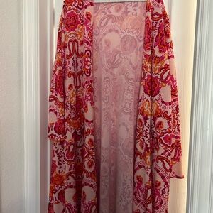 LuLaRoe Pink and Orange Patterned Long Jacket, Tops and Skirts